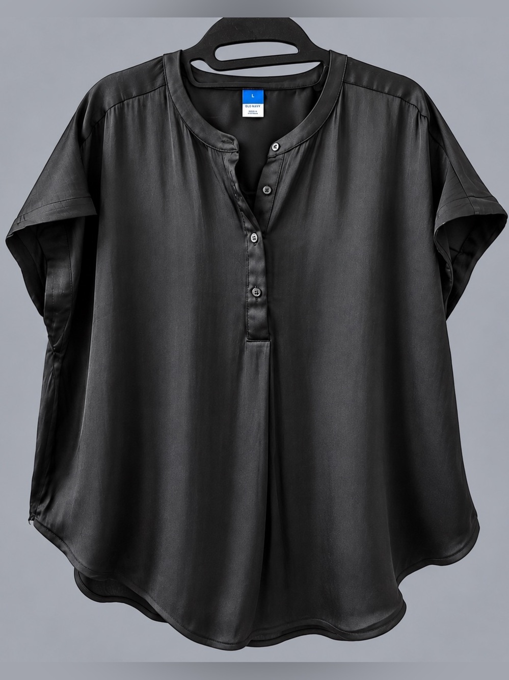 Old Navy Black Satin Henley Popover Blouse Size L Short Sleeve